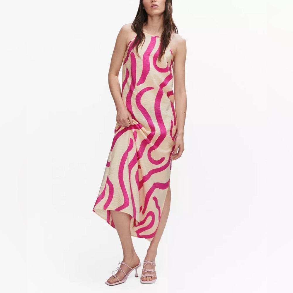 Mango Women's Printed‎ Hanmered Cut-Out Detail Dress Pink Cream Maxi Dress Sz 2